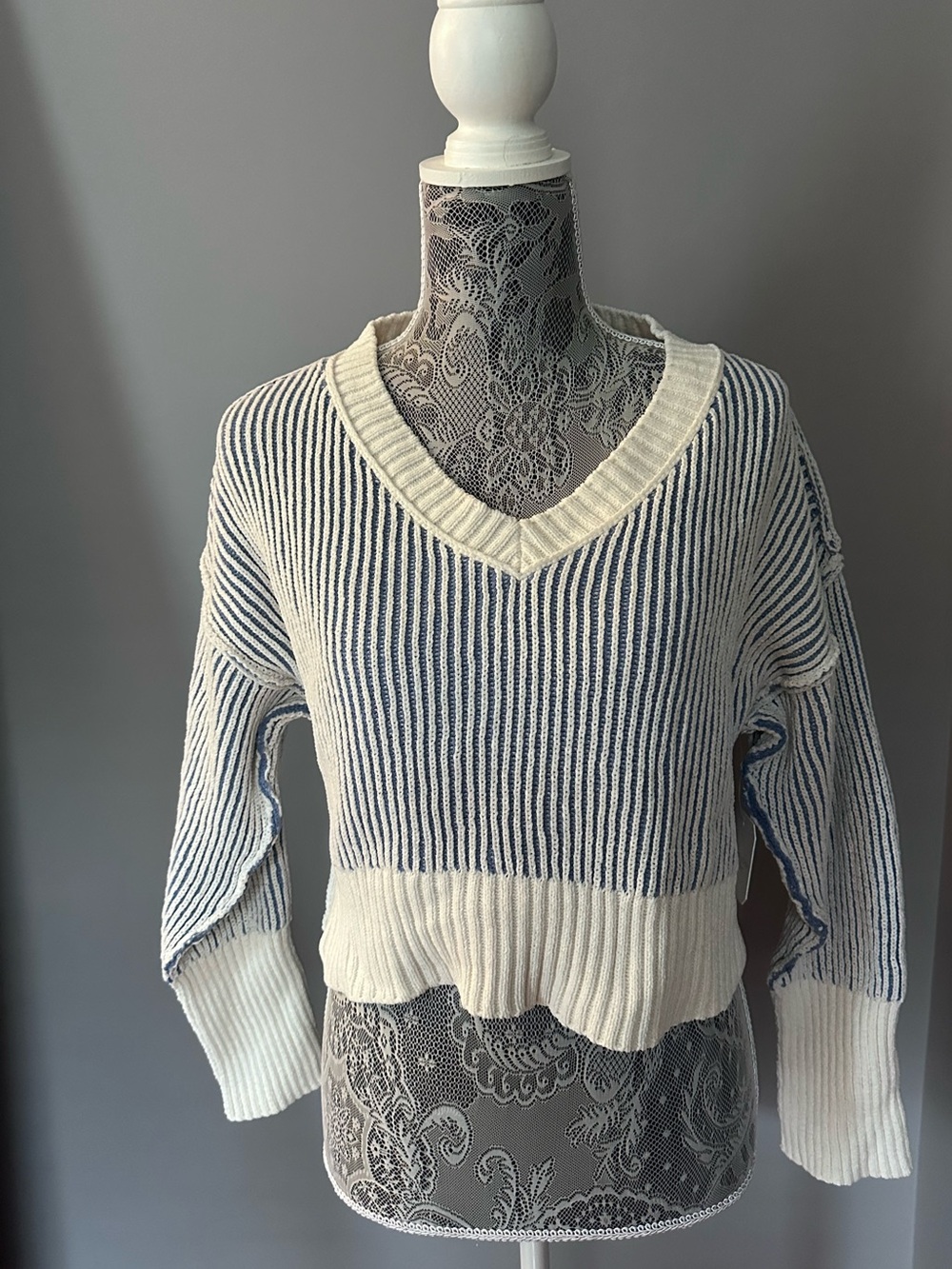 Altar'd State Cream and Navy Striped V-Neck Cropped Sweater
